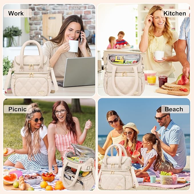 Weitars Lunch Bag for Women Men,Double Deck Lunch Box for Women,Quilted Lunch Tote for Work,Insulated Lunch Cooler Leakproof Lunchbox for Adult with Shoulder Strap &Pockets for Picnic Hiking (Beige)