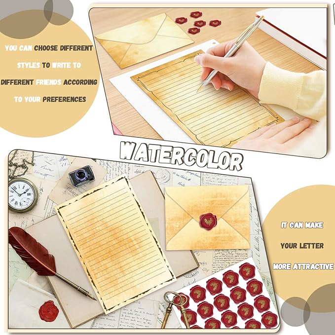 TaoBary 160 Pcs Stationery Paper Set 50 Double Sided Stationery Papers with 50 Matching Envelopes and 60 Round Dot Sticker, 10 Design(Vintage,5.5 x 8.25 Inch)