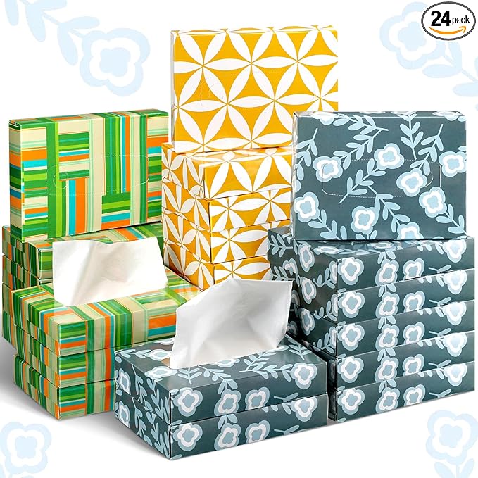 Yinder 24 Packs 960 Sheets Tissue Cube Car Facial Boxes Disposable Facial Travel Tissues Holder Soft Watercolor Boxes 2 Ply 40 Sheets for Wedding Household Car Kitchen Bathroom(Simple)