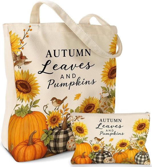 2 Pack Canvas Tote Bag - with Makeup Pouch Aesthetic Cute Women Reusable Canvas Bag for Shopping, Work, Travel