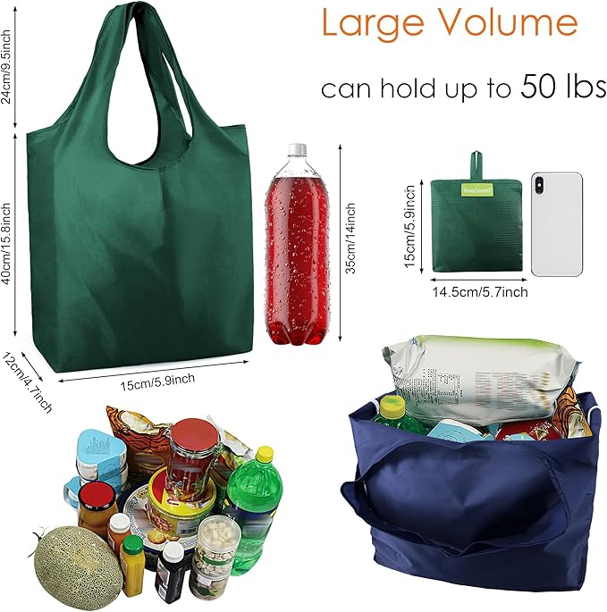 BeeGreen Colorful Kitchen Reusable Grocery Bags - Heavy Duty Foldable Polyester Shopping Bag With Handles, Bulk Travel Tote Bag with Pockets for Women Cloth Reusable Gift Bags