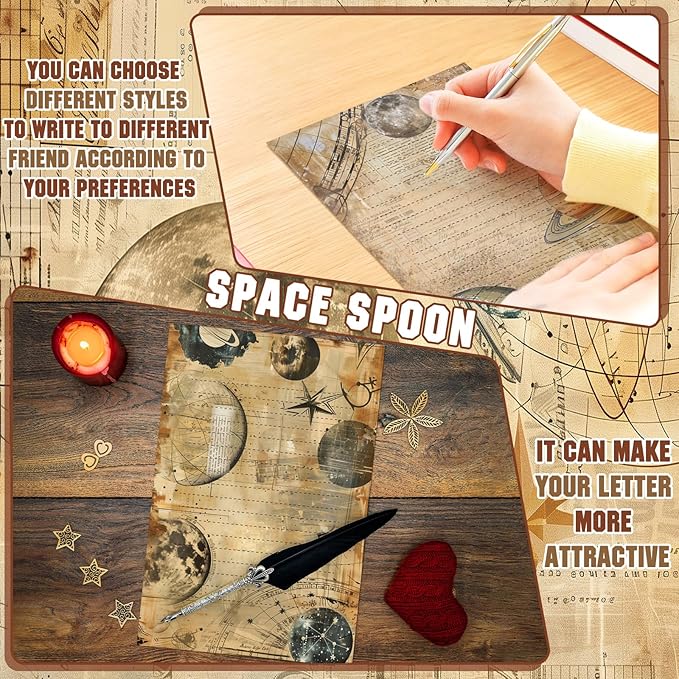 TaoBary 160 Pcs Stationery Paper Set 50 Double Sided Stationery Papers with 50 Matching Envelopes and 60 Round Dot Sticker, 10 Design(Space Spoon,5.5 x 8.25 Inch)