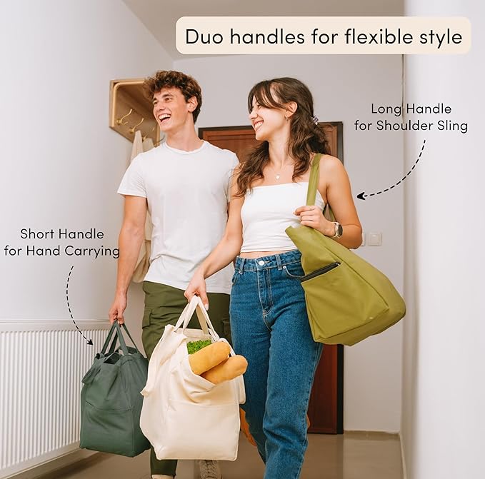 Nook Theory 3 Pcs Reusable Grocery Bags - Heavy Duty Canvas Bags, Large Reusable Shopping Bag, Picnic, 100% Cotton (Sand)