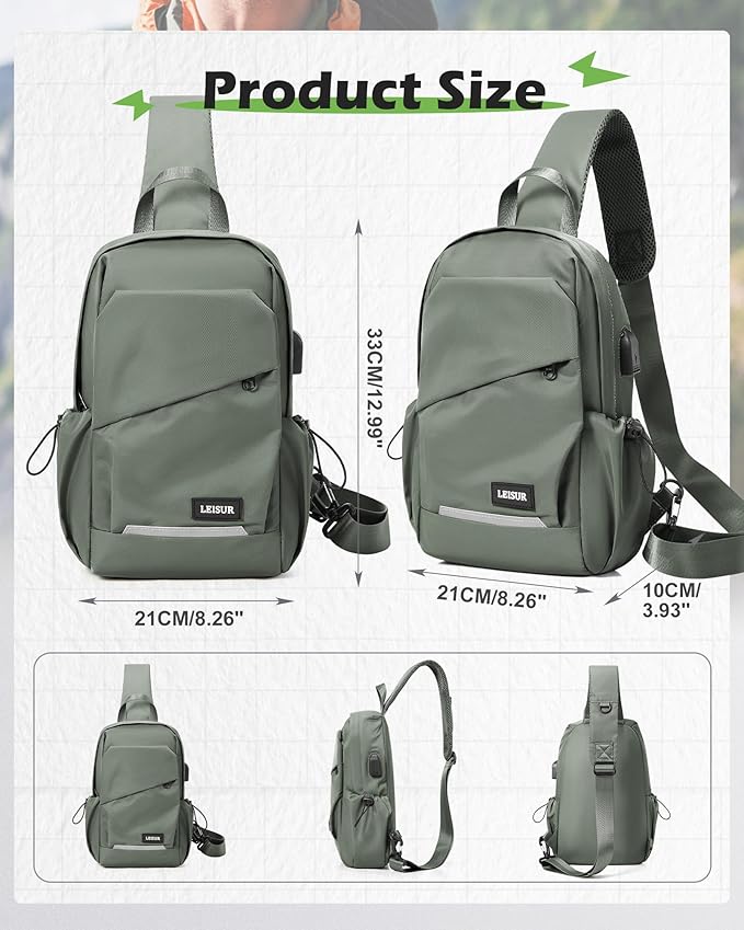 Small Green Sling Bag for Men Women, Mini Anti Theft One Strap Motorcycle Backpack, Sling Chest Bag Fanny Back Pack for Casual Travel Hiking Sport Gym