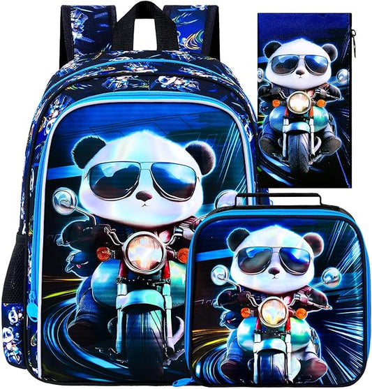 CCJPX 3PCS Backpack for Boys, 16 Inch Kids Panda Water Resistant Preschool Backpacks, Cool Kindergarten School Bookbag Set for Teen Travel