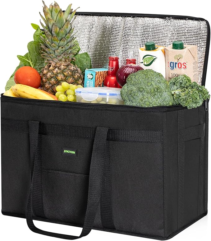 JUNGYOON Heavy-Duty Insulated Grocery Bags & Picnic Basket – Collapsible Cooler Bag with Zippered Top | Reusable Shopping Bags for Groceries, Picnics, Easy Storage (XXL Black)