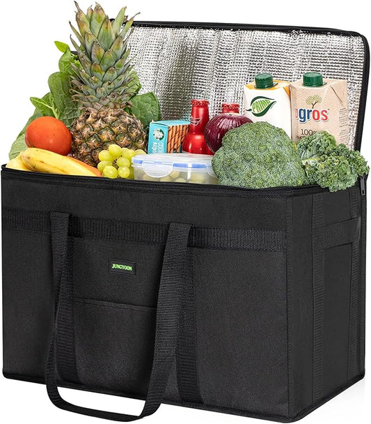JUNGYOON Heavy-Duty Insulated Grocery Bags & Picnic Basket – Collapsible Cooler Bag with Zippered Top | Reusable Shopping Bags for Groceries, Picnics, Easy Storage (XXL Black)