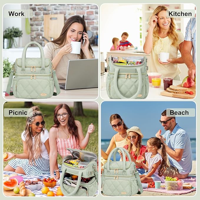 Weitars Lunch Bag for Women Men,Double Deck Lunch Box for Women,Quilted Lunch Tote for Work,Insulated Lunch Cooler Leakproof Lunchbox for Adult with Shoulder Strap &Pockets for Picnic Hiking (Green)