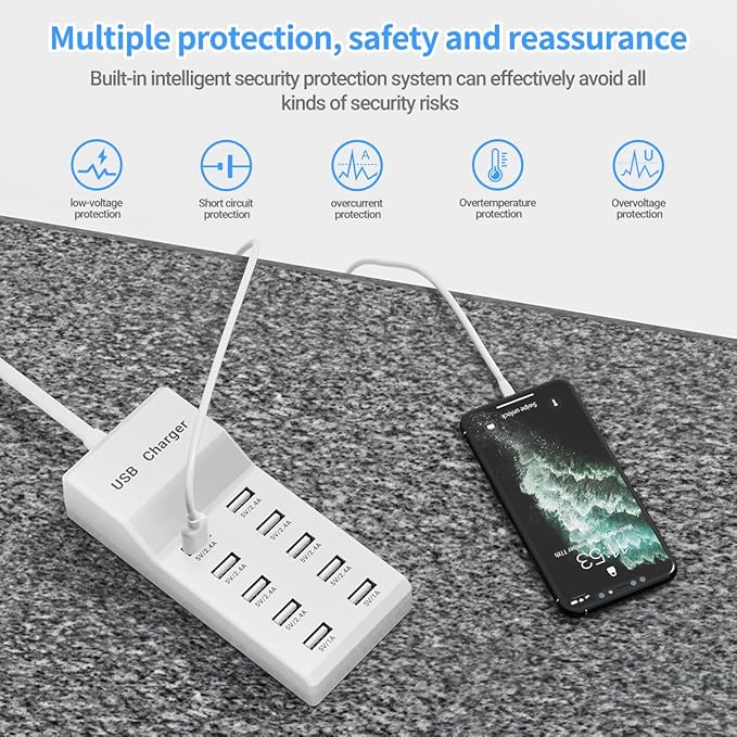 Charging Station - 10-Port USB Charging Hub, Smart Multi-Port Charger, 36-Inch Extension Cable, Compatible with Various Devices, Phones, Cameras, Bluetooth Headsets, Tablets, etc. (1 Piece)