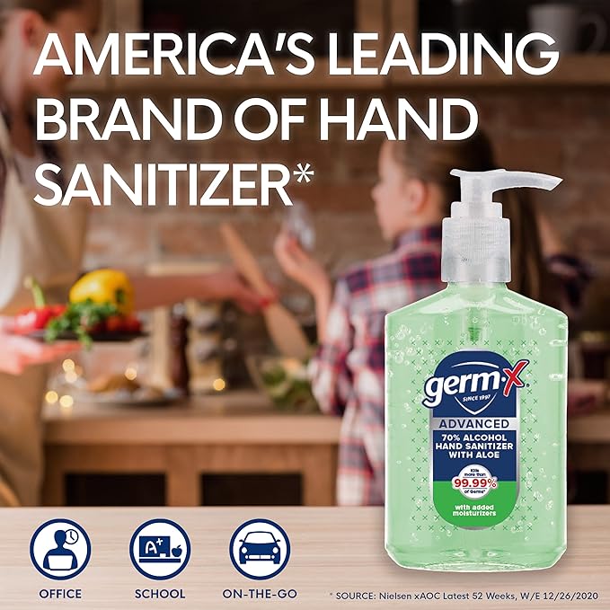 Germ-X Advanced Hand Sanitizer with Aloe and Vitamin E, Non-Drying Moisturizing Gel, Instant and No Rinse Formula, Pump Bottle, Back to School Supplies College, 8 Fl Oz (Pack of 6)