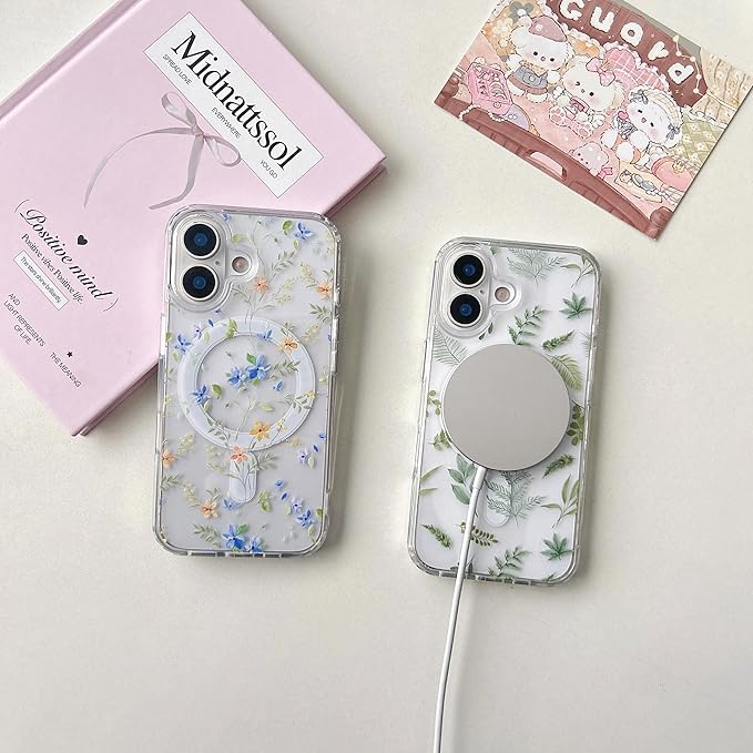 ZTOFERA for iPhone 16 Magnetic Case Compatible with Magsafe,Aesthetic Floral Pattern Design Cute for Girl Women,Anti-Drop Protective Hard Phone Cover for iPhone 16-Blue Flower