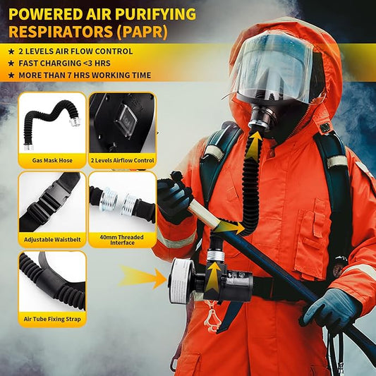 HANUU PAPR, Powered Air Purifying Respirator, Portable PAPR Respirator System, PAPR Respirator with 40mm Gas Mask Filters, Supplied Air Respirator for Industry, Gas Mask for Gases Resin Paint