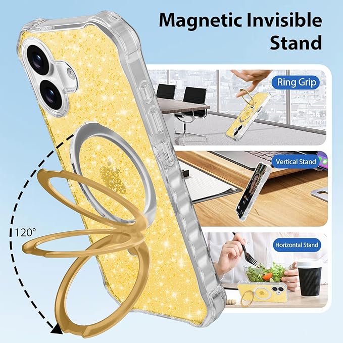 Magnetic for iPhone 17 Case with Invisible Stand, Compatible with MagSafe, Clear Bling Sparkle Shockproof Slim Anti-Slip Military Drop Protection Hard Phone Case 6.3" Glitter Gold