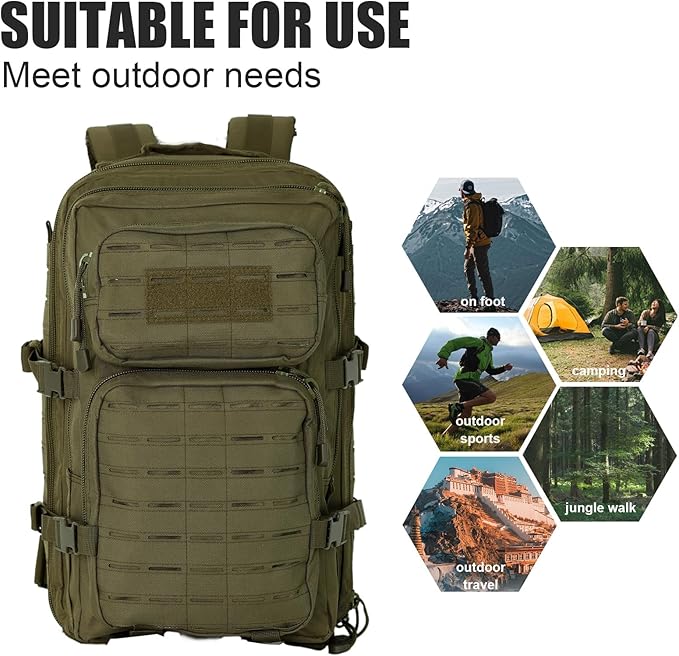 40L Tactical Backpack, Camouflage Military Bug Out Bag, Durable MOLLE Hiking Camping Gear (GREEN)