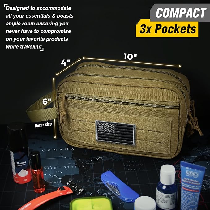 DBTAC Tactical Toiletry Bag for Men | Dry Wet Separate Hygiene Bag Compact Dopp Kit Mens Shaving Kit Travel shower Bag (Tan)