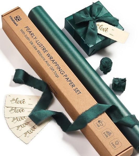 Vitalizart Green Wrapping Paper Set 17" Pearly-Lustre With Silk Like Satin Ribbon & Gift Tags Recyclable Eco-Friendly Christmas Gift Wrapping Birthday Baby Shower Wedding Handmade Crafts 197"(16.4 Ft)