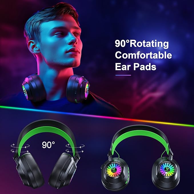 HW10 Wireless Gaming Headset for PS5,PS4,PC,2.4GHz Bluetooth Gaming Headphones with Noise Cancelling Microphone,50Hr Battery Gamer Headset for Switch, Laptop,Mobile,Mac,Cool RGB (Black/Green)