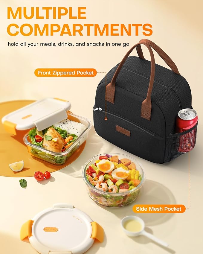 HOTOR Lunch Bag for Women & Men - Wear-Resistant & Leak-Proof Insulated Lunch Box with Large Capacity, Multi-Functional Cooler Bag for Office, Picnic, Black, 12L, 12.20" x 6.30" x 10.20"