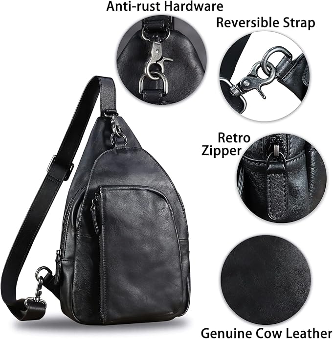 Genuine Leather Sling Bag for Men and Women Vintage Real Leather Sling Backpack Shoulder Crossbody Bag Chest Bag
