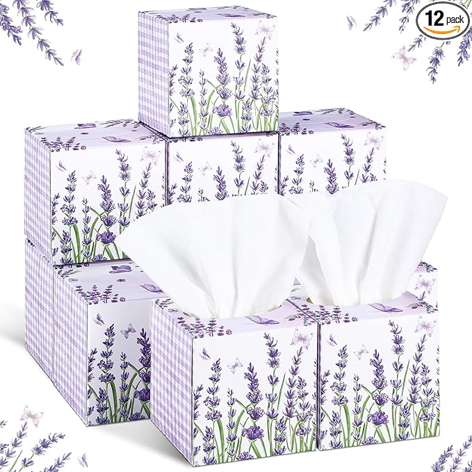 12 Pack Summer Lavender Facial Tissues Cube Boxes 600 Sheets 3 Ply Small Purple Flower Floral Face Tissues Bulk for Summer Car Bedroom Supplies