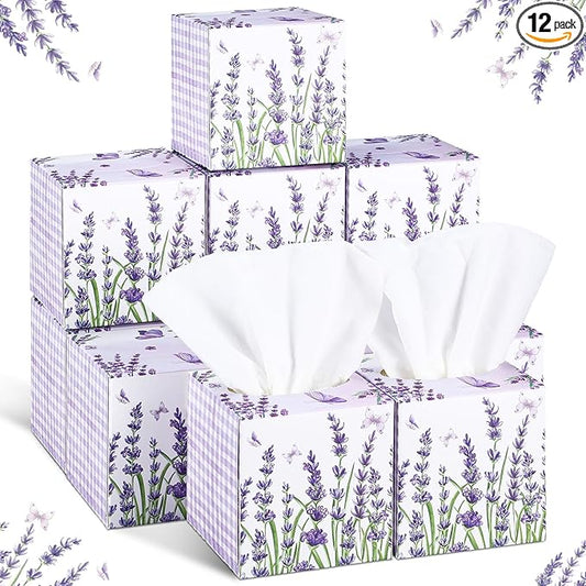 12 Pack Summer Lavender Facial Tissues Cube Boxes 600 Sheets 3 Ply Small Purple Flower Floral Face Tissues Bulk for Summer Car Bedroom Supplies