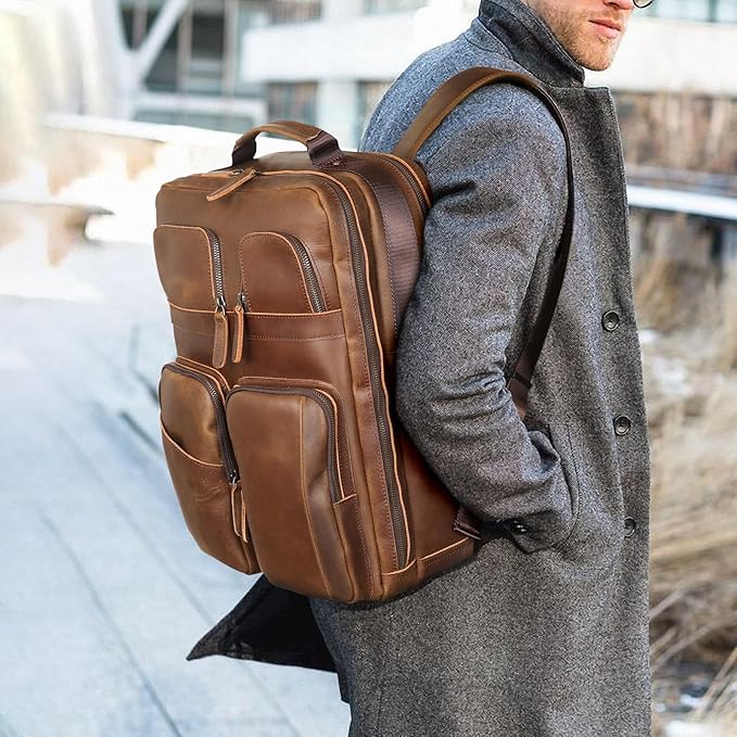 Polare 17.3 Inch Full Grain Leather Backpack for Men and Women Multi Pockets Business Travel Laptop Rucksack (Light Brown)