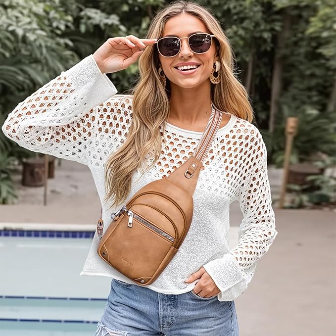 Anti Theft Crossbody Bags for Women Travel Chest Sling Bag Leather RFID Purse Fanny Pack Camel