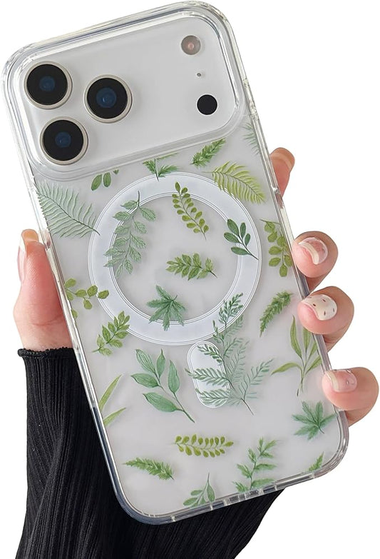 ZTOFERA for iPhone 17 Pro Magnetic Case Compatible with Magsafe,Aesthetic Floral Pattern Design Cute for Girl Women,Anti-Drop Protective Hard Phone Cover for iPhone 17 Pro-Green Leaf