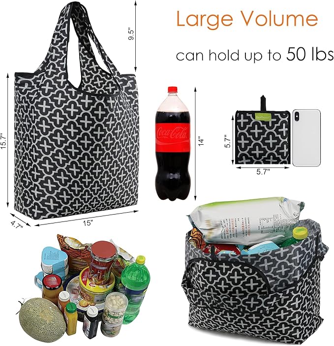 BeeGreen Reusable Gift Bags with Handles Geometry Design -Reusable Grocery Bags Pack of 6 Foldable Totes for Women - Machine Washable Polyester Shopping Bags for Women Travel (Collapsible)