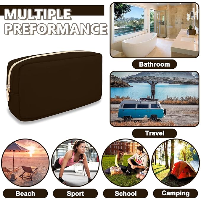 Small Makeup Pouch for Purse, Nylon Travel Toiletry Storage Pouch Cute Preppy Cosmetic Bag for Women Girls, Waterproof Makeup Organizer Skincare Bag Purse with Zipper (Small-Chocolate)