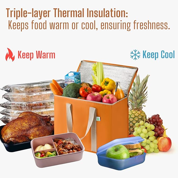 VENO 2 Pack Cooler Bag and Insulated Grocery Bags for Food Delivery, Collapsible Cooler. Reusable Shopping Bags for Groceries with Hard Bottom, Zippered, Foldable, Heavy-Duty (Autumn Orange, 2 Pack)