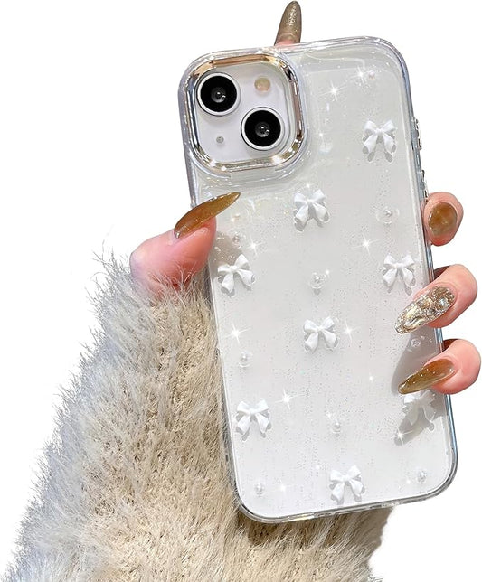 EYZUTAK Case for iPhone 15, Bling Glitter 3D Bowknot Phone Case Cute Sparkly Crystal Clear Bow Aesthetic Design Case Slim Soft Durable TPU Transparent Protective Cover for Women Girl - White Bow