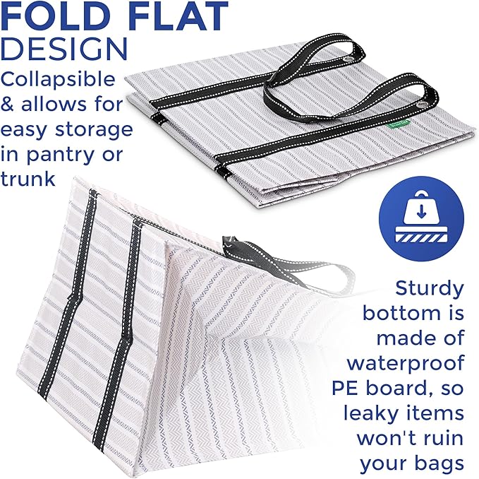 Creative Green Life 3 Pack Heavy Duty Reusable Grocery Bags with Hard Bottom & Strong Handles – Foldable, Durable, Easy to clean, Water-Resistant & Multi-Purpose (Gray Stripes)