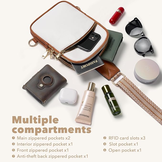 Yarnic Anti Theft Small Sling Bag for Women Men, RFID Cross body Purses Vegan Pu Leather Chest Bag with Adjustable Strap Handbag for Travel Work (White+Brown)