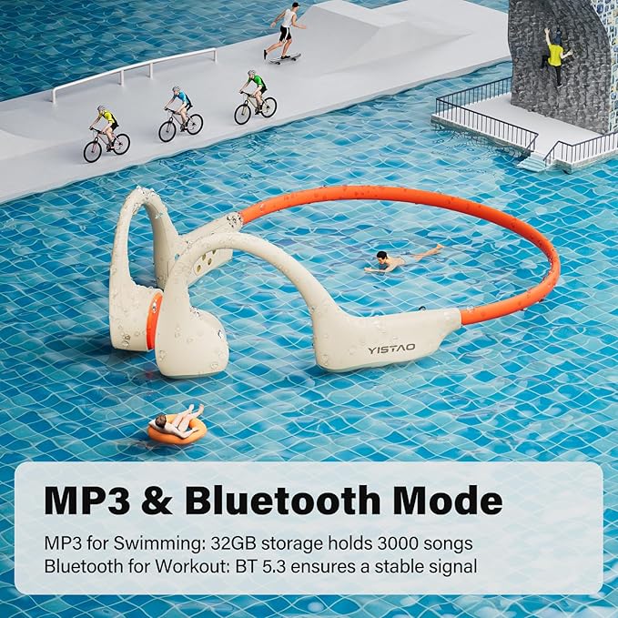 Bone Conduction Headphones, Open Ear Headphones Wireless Earphones, 32GB MP3, 8 Hours Playtime, Bluetooth 5.3, IP68 Waterproof Headphones for Running and Fitness Workout - Beige Orange