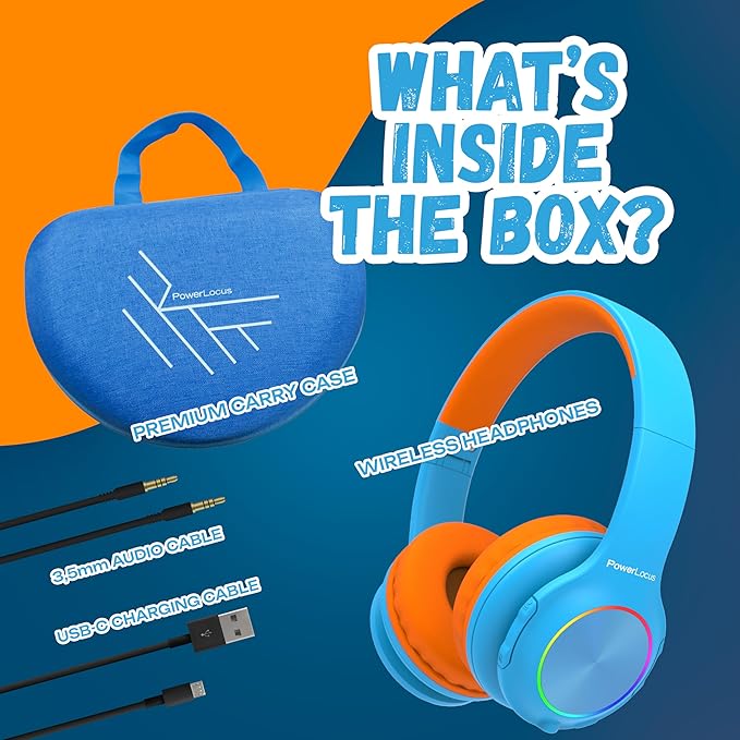 PowerLocus PLED Kids Bluetooth Headphones, Kids Wireless Headphones with LED Lights, 74/85/94dB Safe Volume, Micro SD, AUX Cable, Hi-Fi Stereo, Built-in Mic Over Ear Kid Headphone for Travel/Tablet/PC