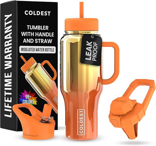 Coldest Tumbler with Handle and Straw - 100% Spill Proof Tumbler with Straw (3 Lids) - Stainless Steel Insulated Leakproof Tumblers for Women & Men - Cup Holder Friendly - 36 oz (Sunset Nova)