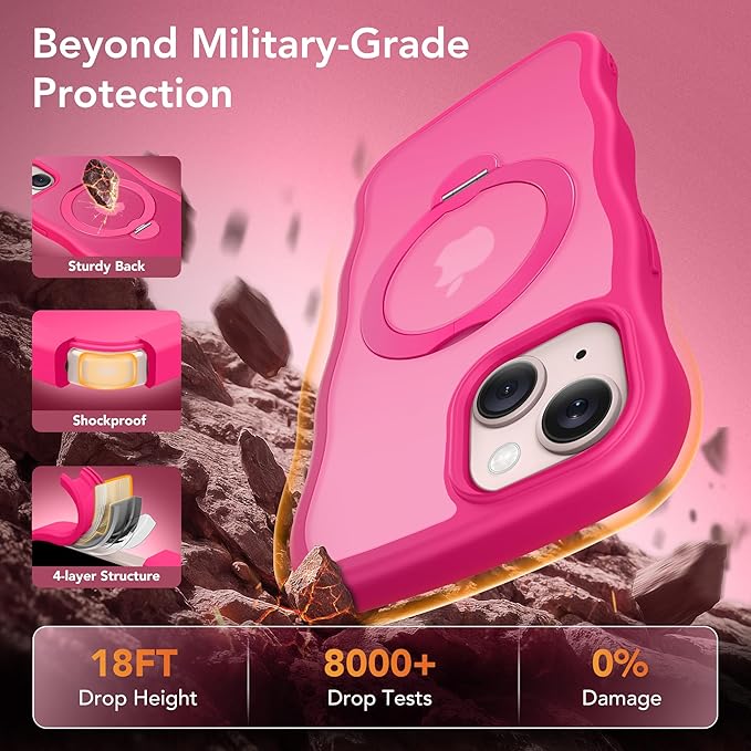 for iPhone 13 Case & iPhone 14 Case for Women,[Compatible with Magsafe][360° Spin Magnetic Stand][Cute Wave Edge][Military-Grade Protection] Translucent Matte Phone case for iPhone 13/14, Hot Pink