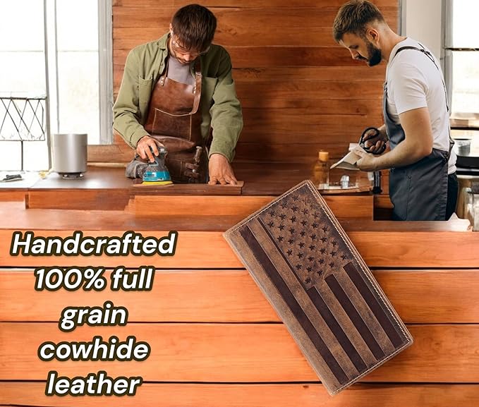 F&L CLASSIC Men's RFID Vintage Look Genuine Leather Long Bifold Wallet Checkbook Wallets,brown flag,240-100