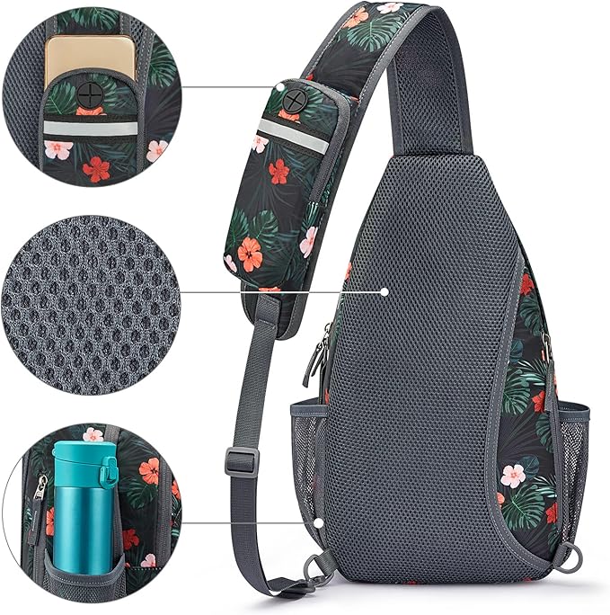 G4Free Sling Bag RFID Blocking Sling Backpack Crossbody Chest Bag Daypack for Hiking Travel(Black Base Floral)