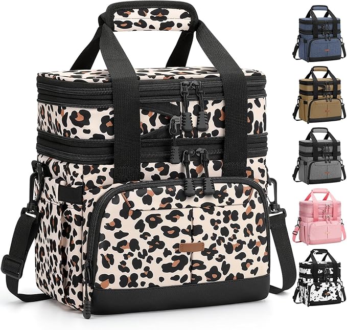 Lunch Box For Men Women Double Deck Insulated Lunch Bag For Men Woman Leakproof Expandable Cooler Bag with Adjustable Shoulder Strap for Work Picnic School(Leopard,16L)