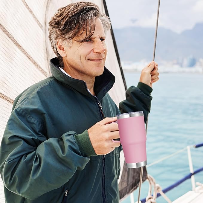 20 oz Stainless Steel Tumbler with Handle Bulk Metal Insulated Tumblers Travel Coffee Mug with Handle Double Wall Tumbler Cup with Lid and Straw, Pink 12 Pack