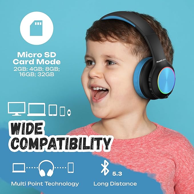 PowerLocus PLED Kids Bluetooth Headphones, Kids Wireless Headphones with LED Lights, 74/85/94dB Safe Volume, Micro SD, AUX Cable, Hi-Fi Stereo, Built-in Mic Over Ear Kid Headphone for Travel/Tablet/PC