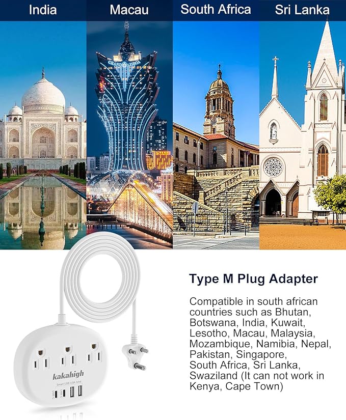 South Africa Plug Adapter, Type M Adapter for South Africa with 3 American Outlets 4 USB Ports (2 USB-C) Total 24W, Type M Plug Adapter for USA to South Africa Botswana Namibia Nepal Bhutan