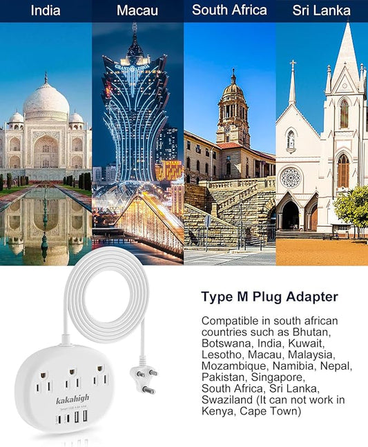 South Africa Plug Adapter, Type M Adapter for South Africa with 3 American Outlets 4 USB Ports (2 USB-C) Total 24W, Type M Plug Adapter for USA to South Africa Botswana Namibia Nepal Bhutan