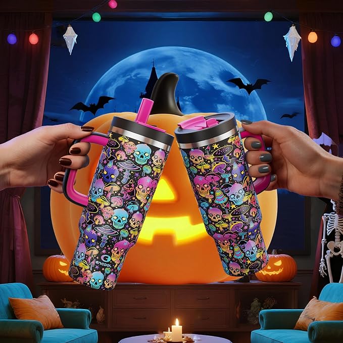 40oz Halloween Tumbler with Handle and Straw, Stainless Steel Insulated Water Bottle with Straw, Leak-Proof, Cup Holder Friendly, Keeps Cold 24 H, Gifts for Women Men, Trippy Skulls