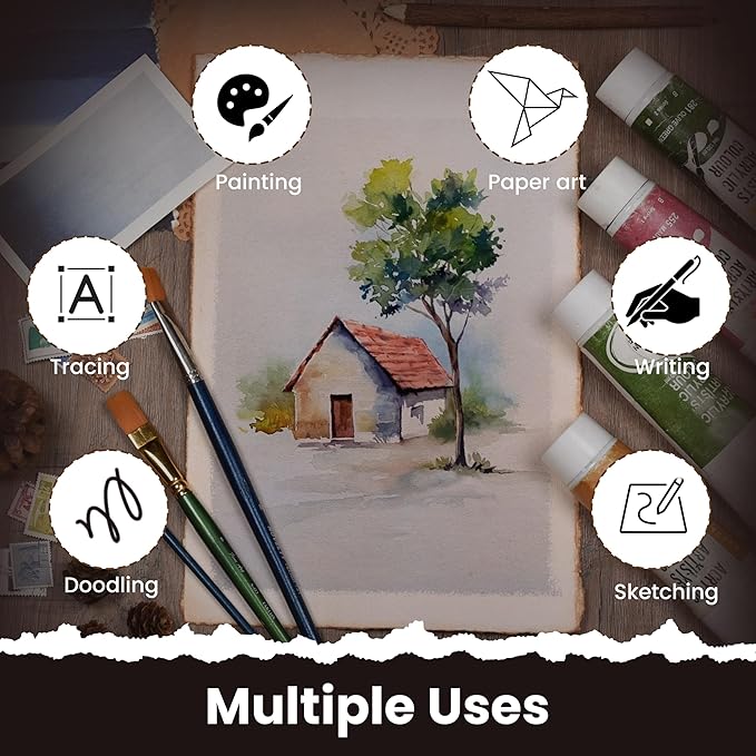 LEATHER VILLAGE Watercolor Paper - 7.5 X 11 inches, 50 Sheets - Mixed Media Watercolor Paper - 150 GSM Thick Deckle Edge Virgin Cotton Handmade Paper - Vintage Toned