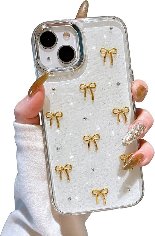 EYZUTAK Case for iPhone 15, Bling Glitter 3D Bowknot Phone Case Cute Sparkly Crystal Clear Bow Aesthetic Design Case Slim Soft Durable TPU Transparent Protective Cover for Women Girls - Gold Bow