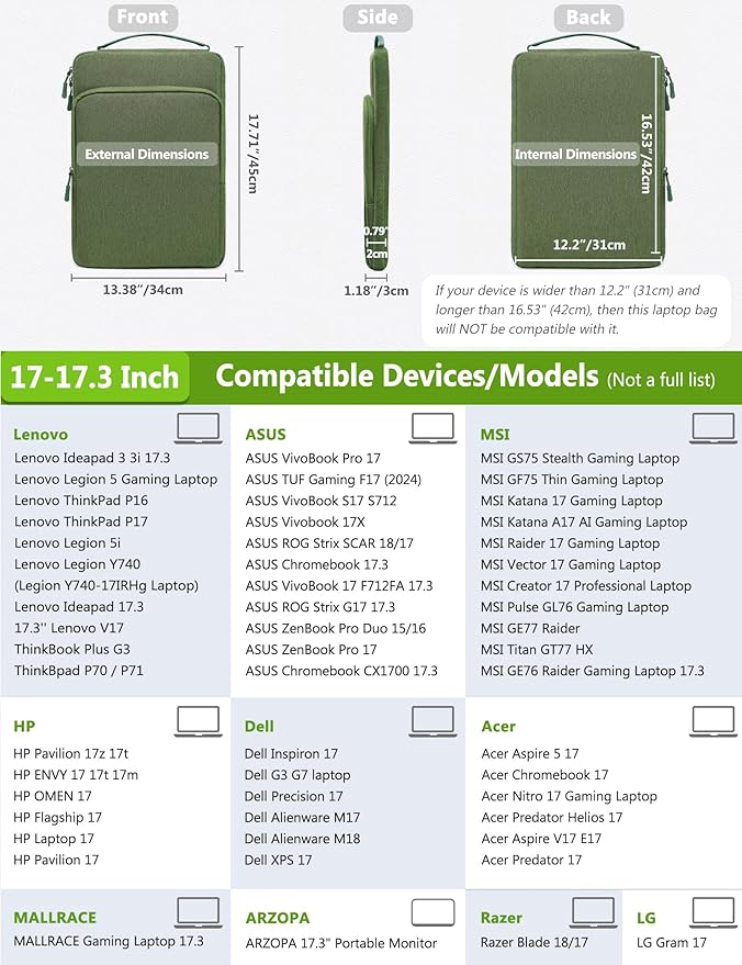 HYZUO 17-17.3 Inch Laptop Bag Case Sleeve for 17" 17.3" HP/Dell/Lenovo/ASUS/Acer/LG/MSI Gaming Laptop/Razer Blade 17/18, Notebook Carrying Briefcase for Men Women, Grass Green