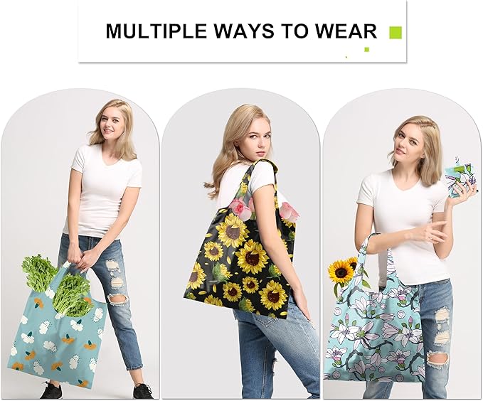 BeeGreen Sunflower Reusable Shopping Bags 6 Pack - Heavy Duty Washable and Foldable Polyester Shopping Bag for Women, Reusable Gift Grocery Totes Market Tote Bag with Handles for Travel Holiday